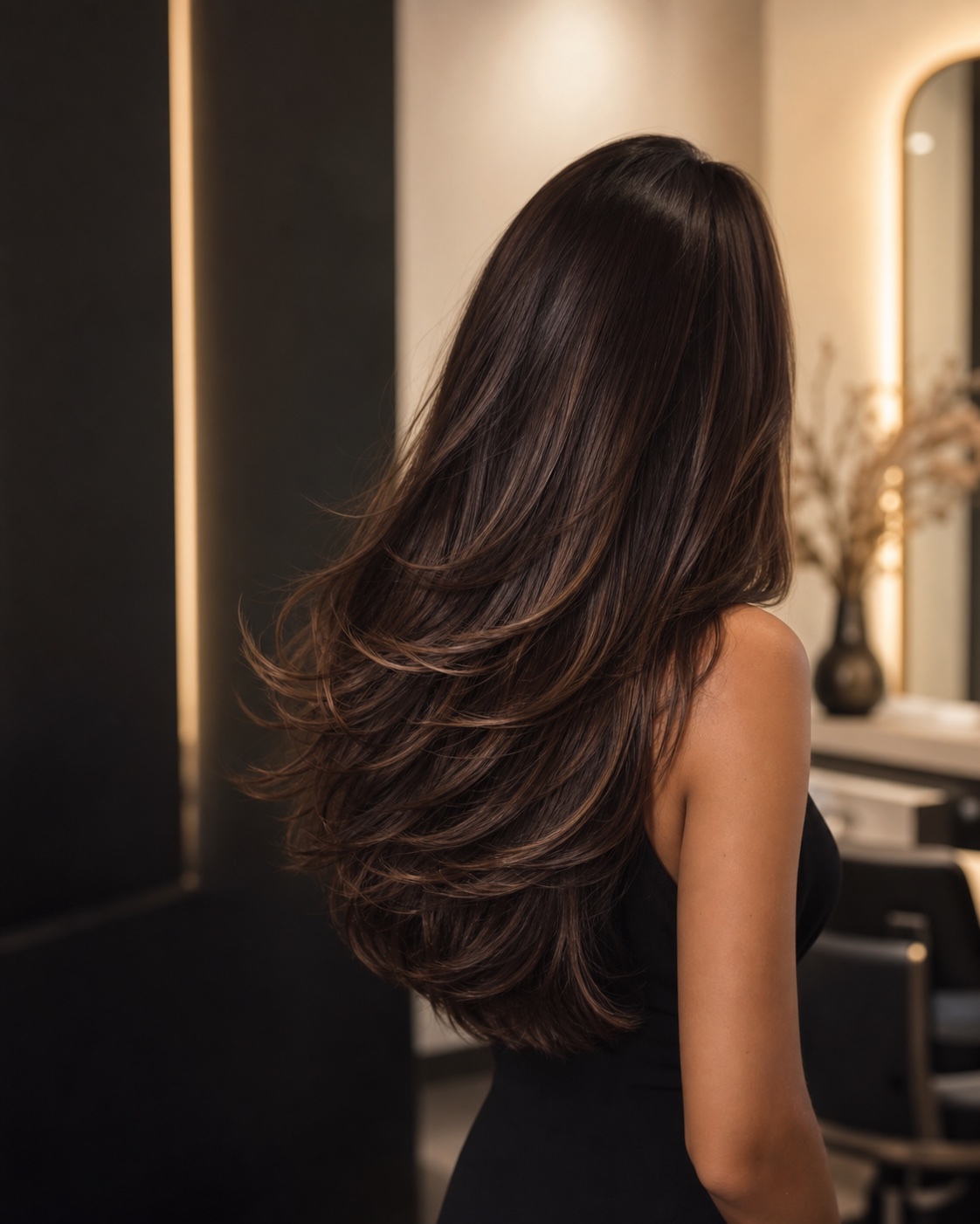 Cabelo feminino longo e castanho com corte em camadas em ambiente de salão