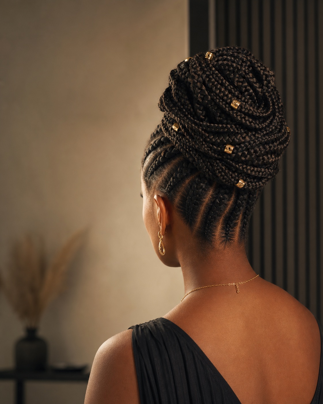 Penteado elegante com tranças em coque e detalhes dourados